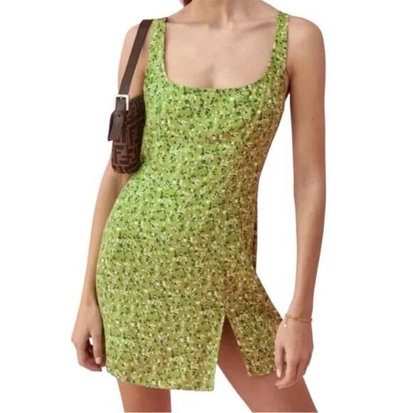 Reformation Noha Dress Green Floral Print Sleeveless Scoop neck Mini Slit 0 XS - Picture 1 of 10